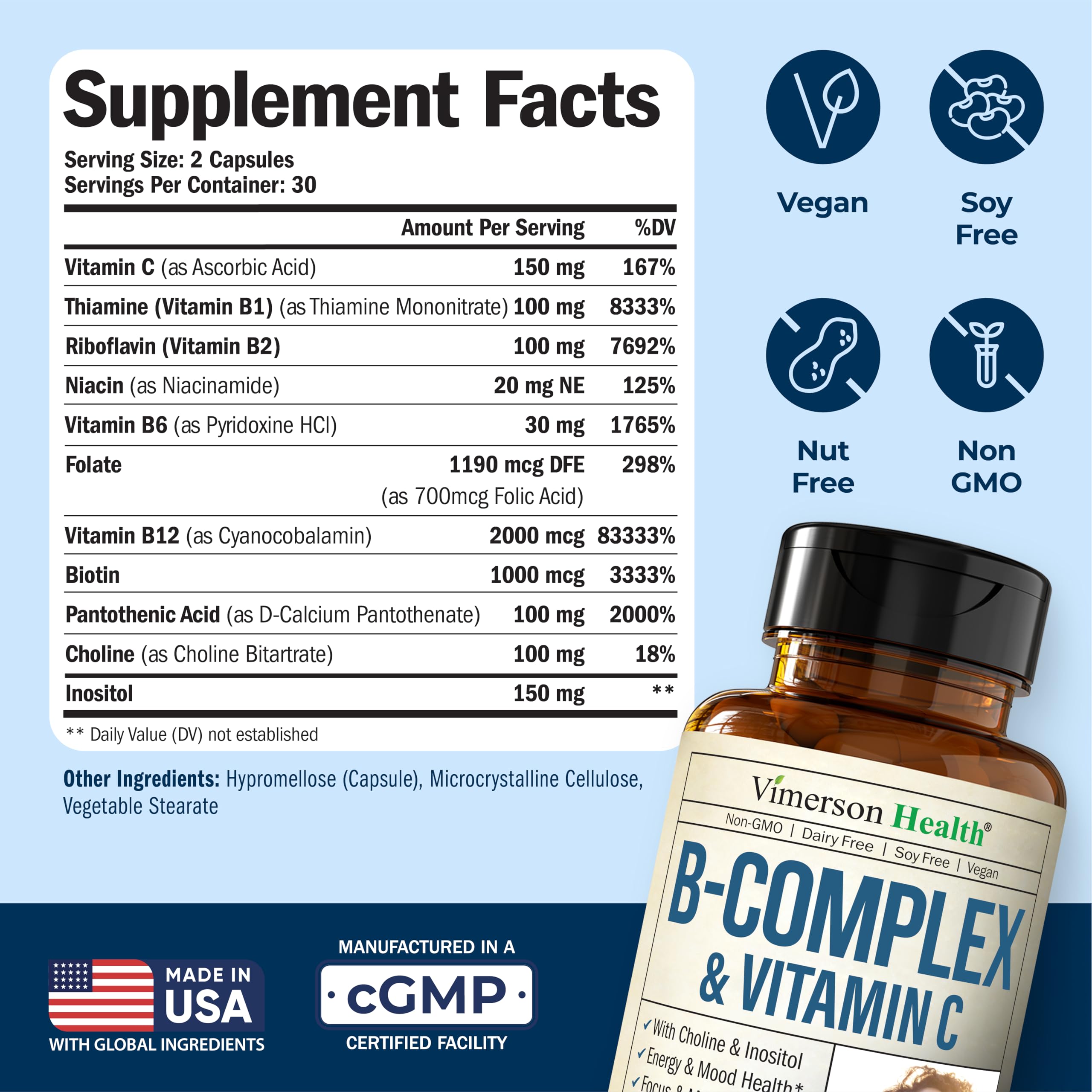 Vimerson Health Vitamin B Complex label highlighting ingredients and benefits.
