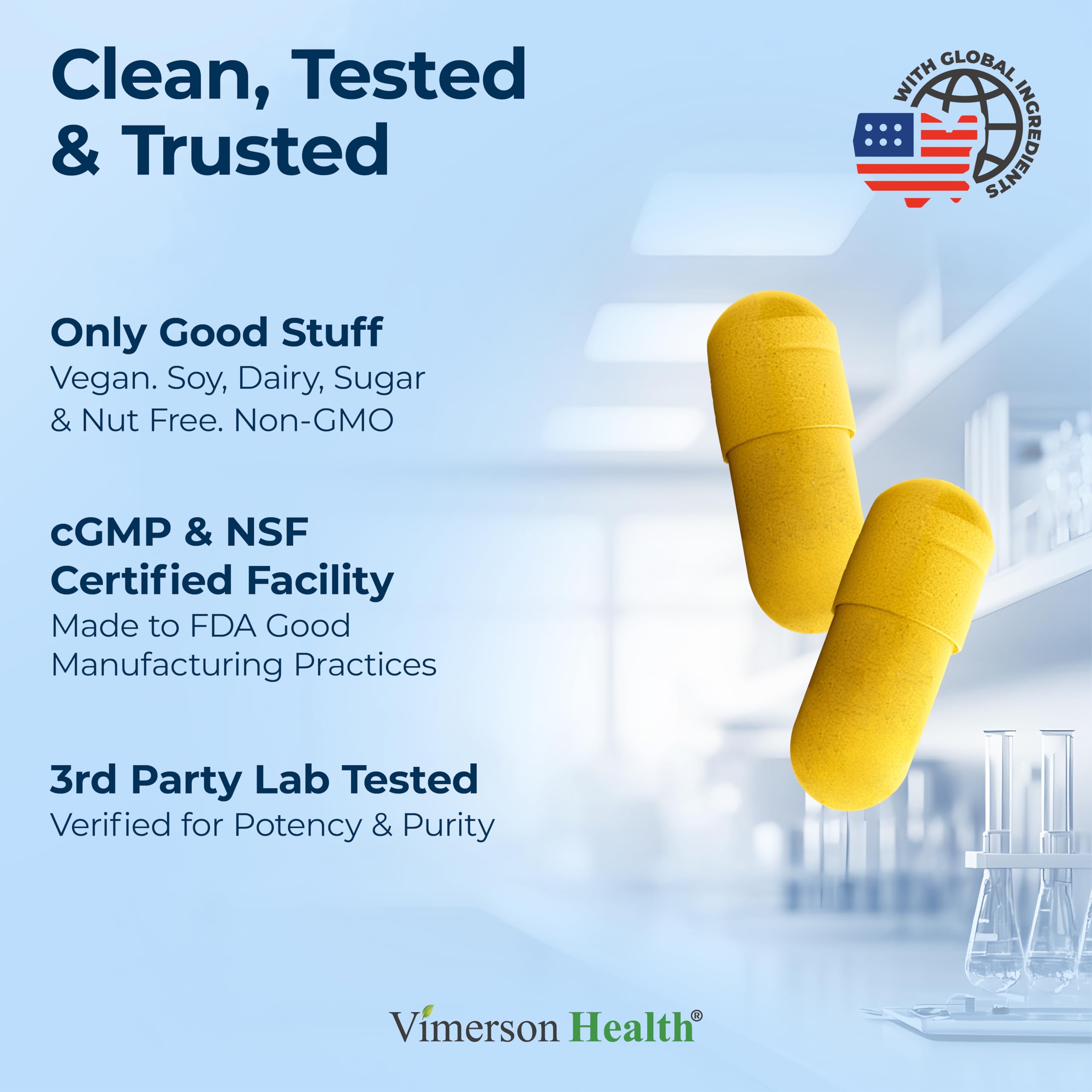 Vimerson Health Vitamin B Complex packaging showing vegan and allergen-free features.