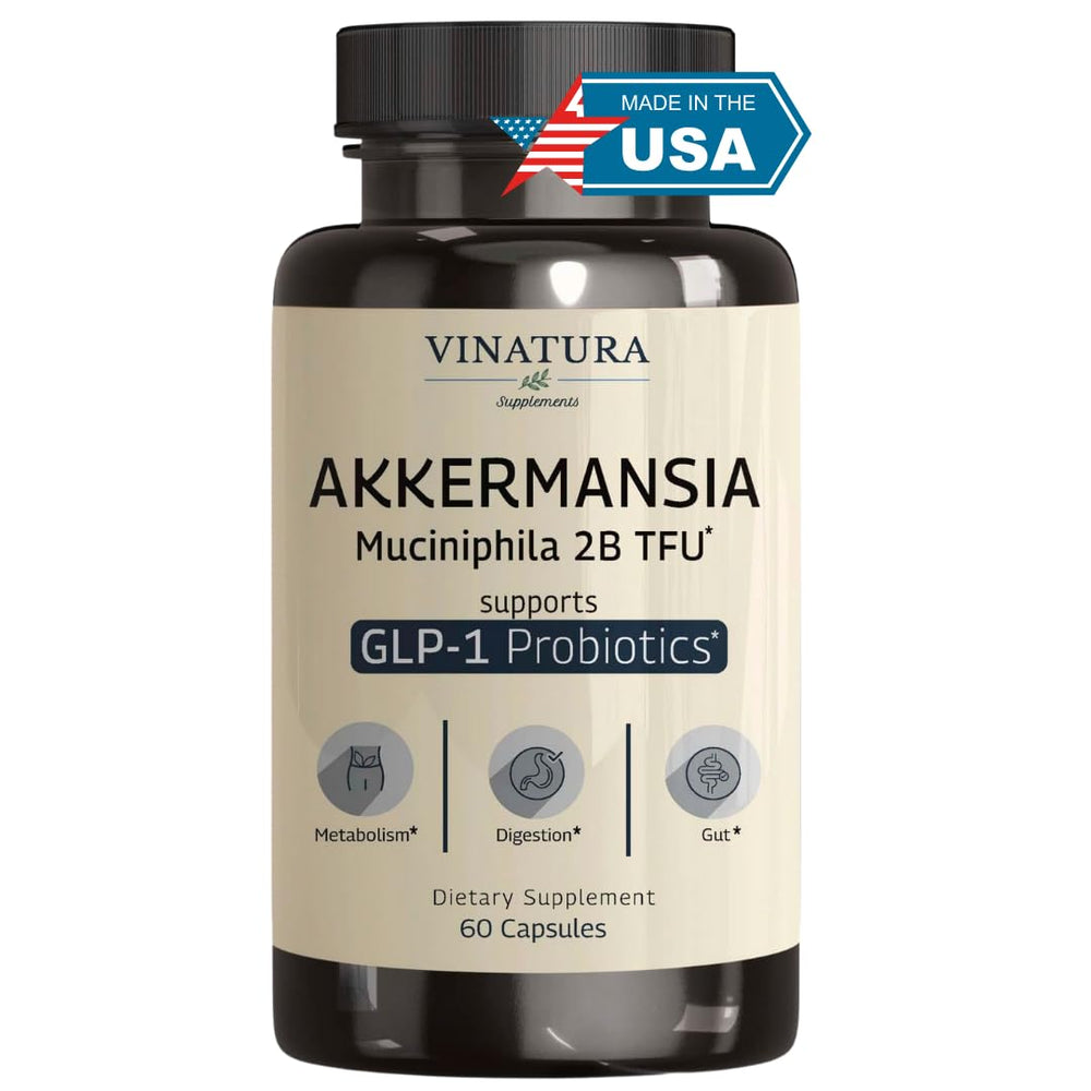 VINATURA Akkermansia bottle front showing high-potency probiotic for gut support