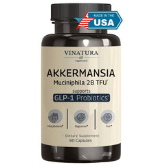 VINATURA Akkermansia bottle front showing high-potency probiotic for gut support
