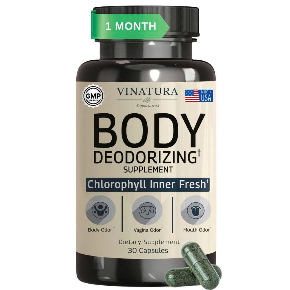 VINATURA body deodorizing supplement bottle supports internal freshness for daily confidence.