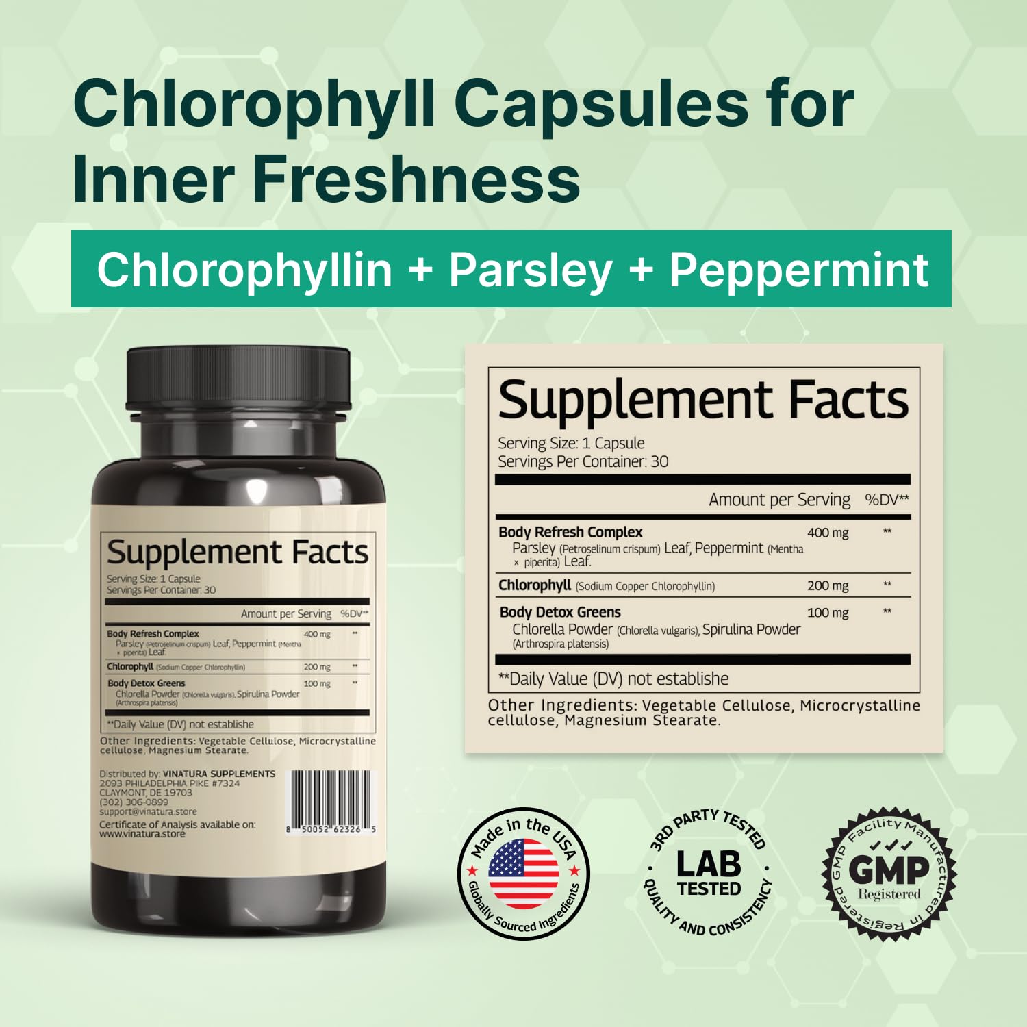 VINATURA chlorophyll pills packaging highlighting plant-based odor control benefits.