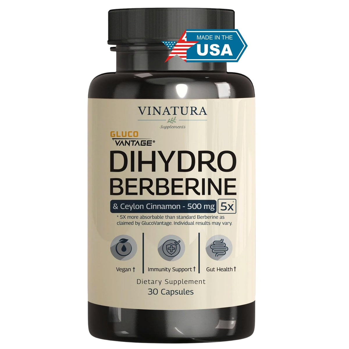 VINATURA dihydroberberine bottle showing easy daily dosage.