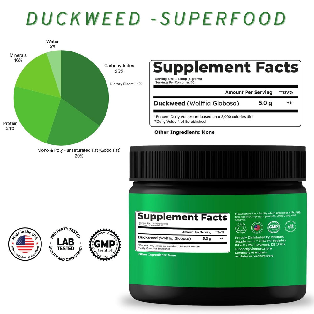 VINATURA Duckweed Powder being poured into a glass, quick nutrition boost