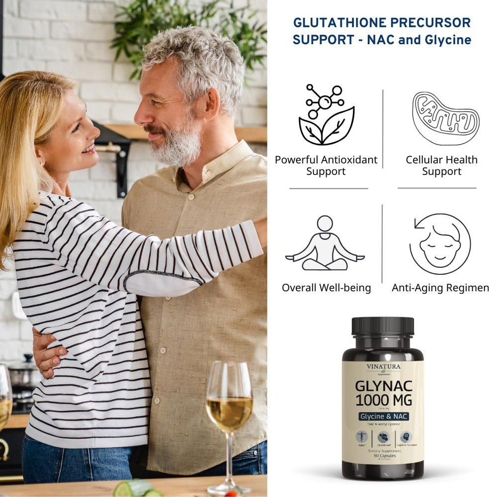 VINATURA GLYNAC packaging display highlighting 90 capsules per bottle.