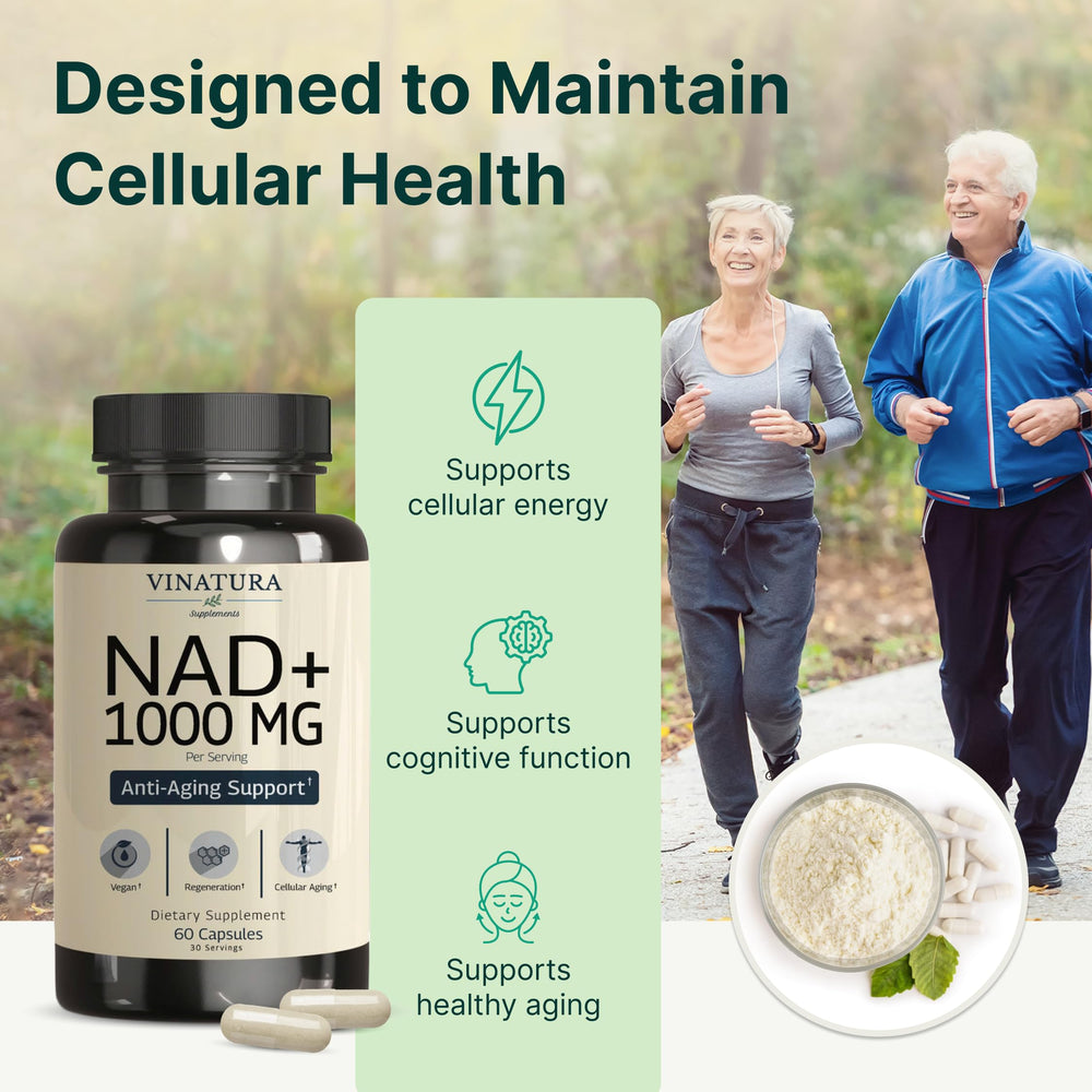 Close-up of VINATURA NAD label highlighting 1000mg per serving.