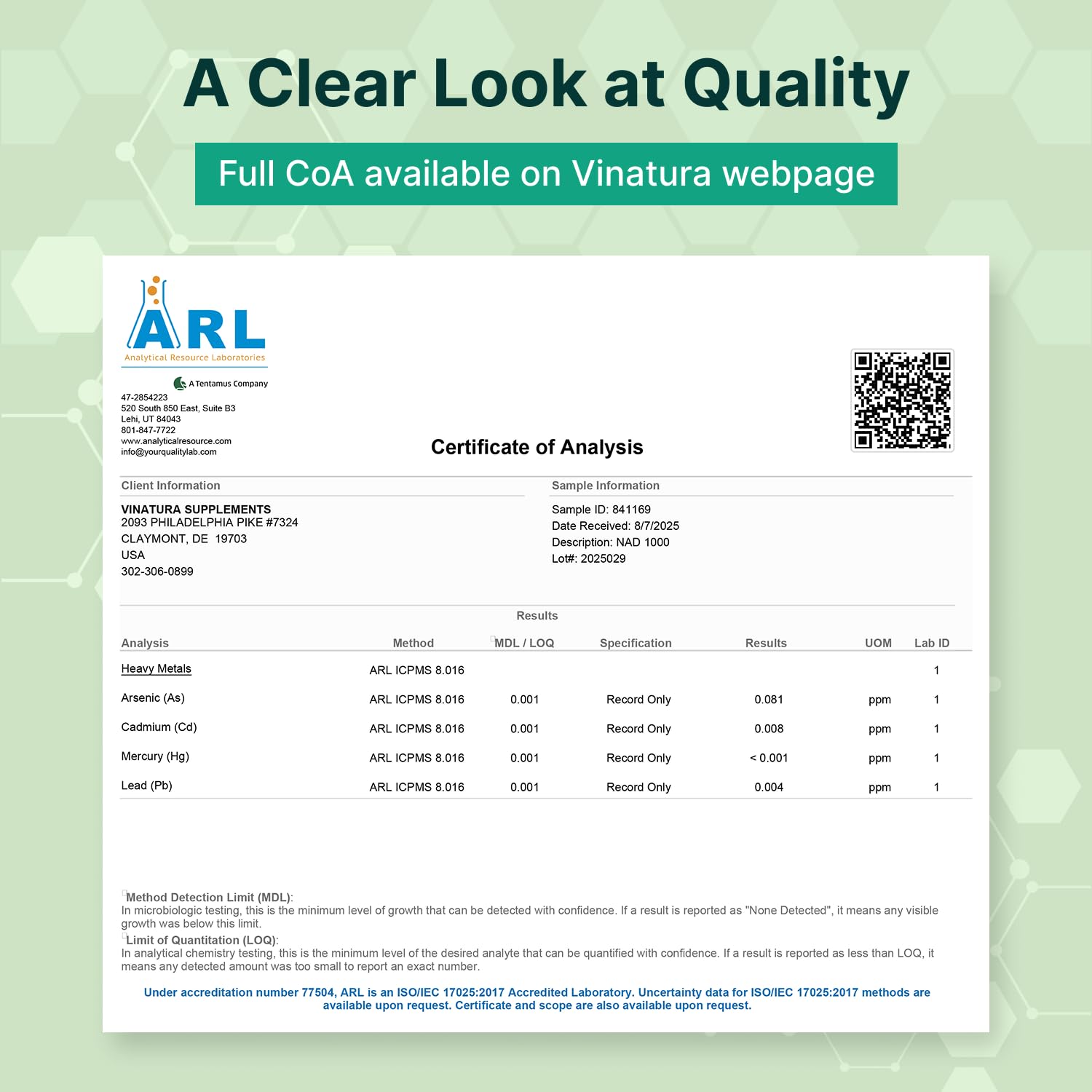 Close view of NAD+ labeling and ingredients on VINATURA bottle.