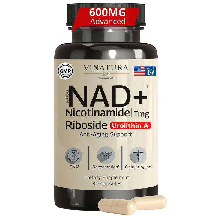VINATURA NAD+ supplement bottle front supports daily energy and focus.