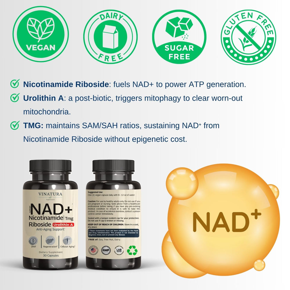 VINATURA NAD+ bottle with glass suggests easy daily routine.