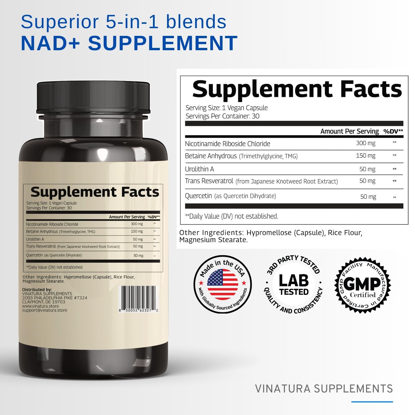VINATURA NAD+ capsules close-up highlights vegan formula and proper daily dosage.