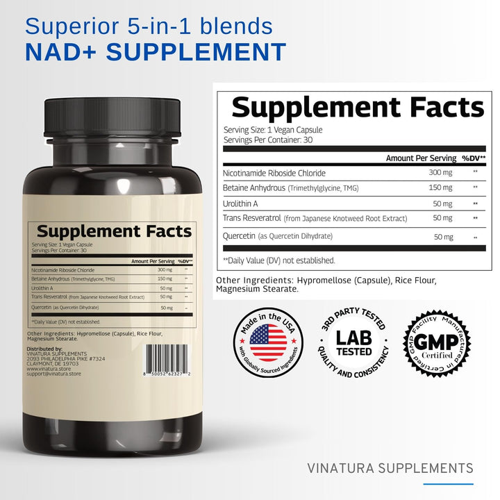 VINATURA NAD+ capsules close-up highlights vegan formula and proper daily dosage.