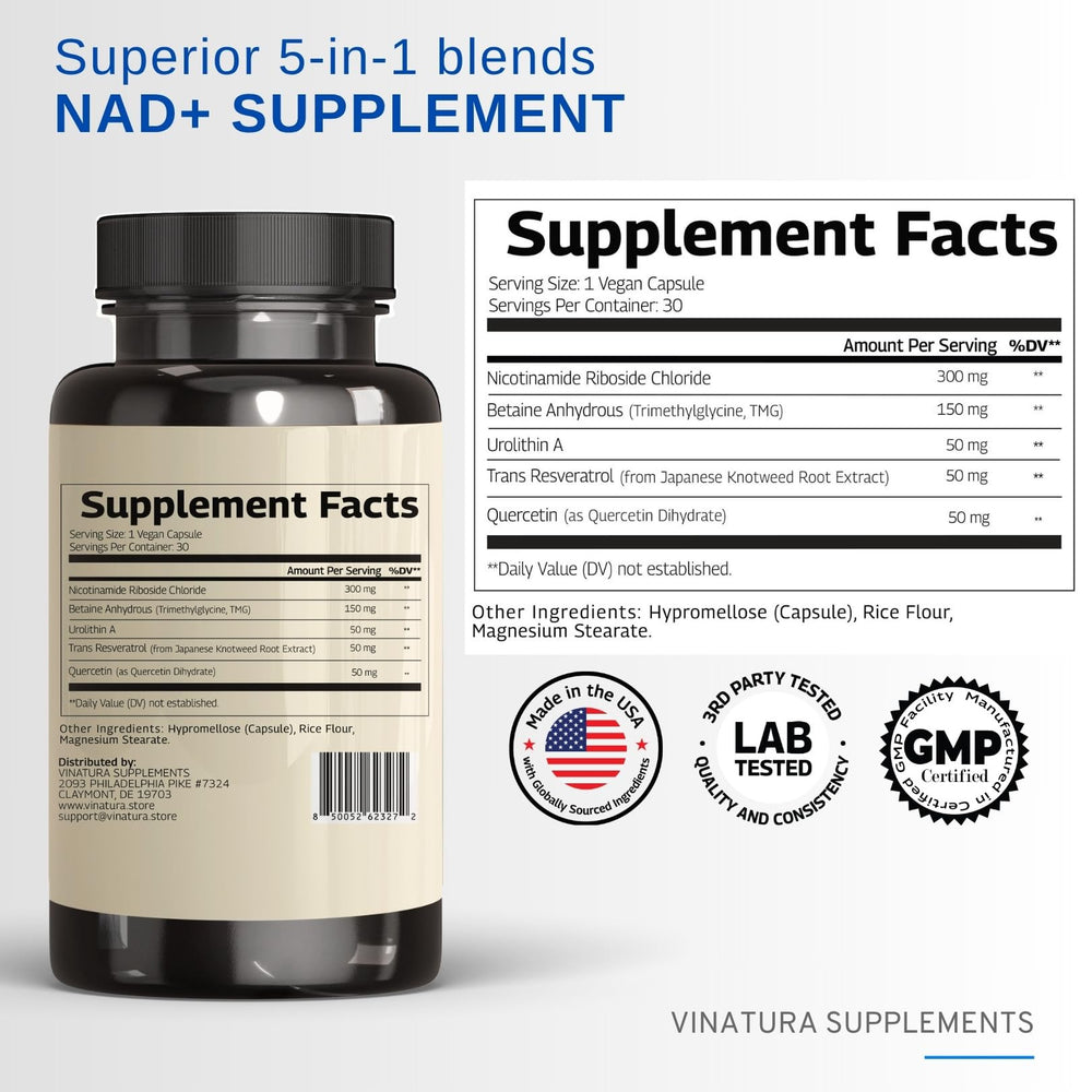 VINATURA NAD+ capsules close-up highlights vegan formula and proper daily dosage.
