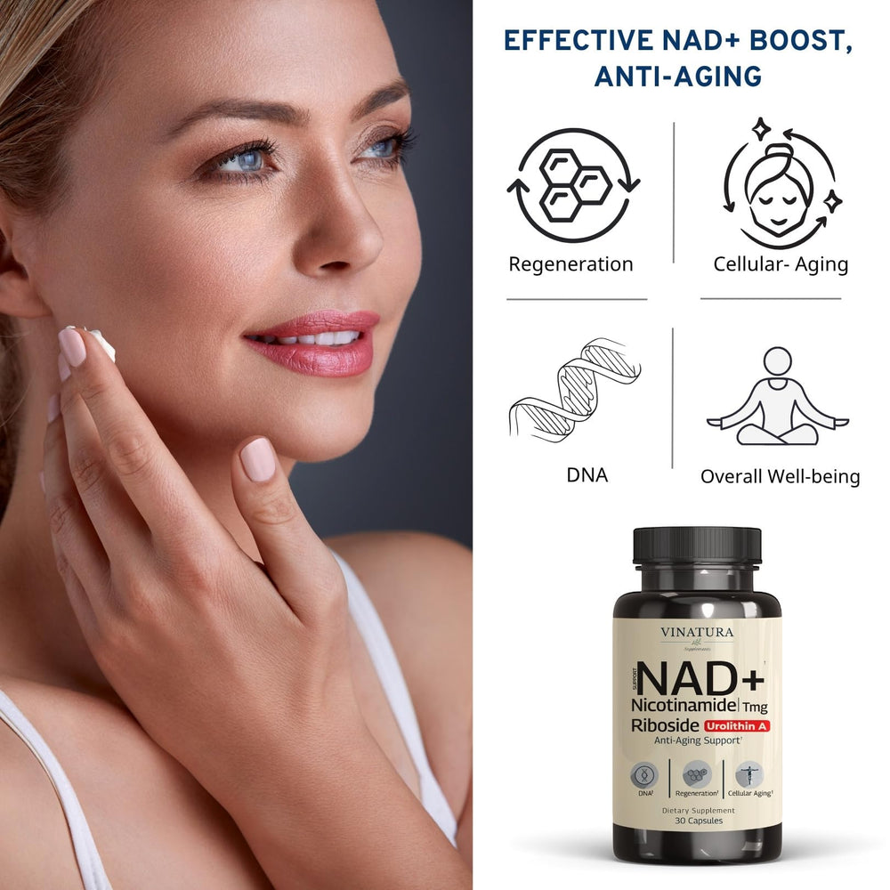 VINATURA NAD+ ingredients label shows NR and Resveratrol for targeted support.