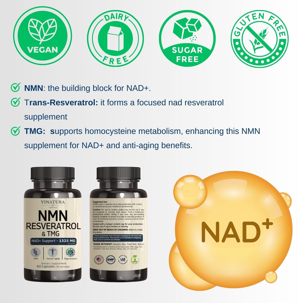 VINATURA NMN Complex label ingredients showing NMN, Resveratrol, TMG