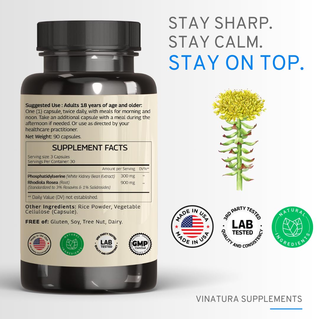 VINATURA PhosphatidylSerine capsules closeup highlighting 1200 mg per serving.