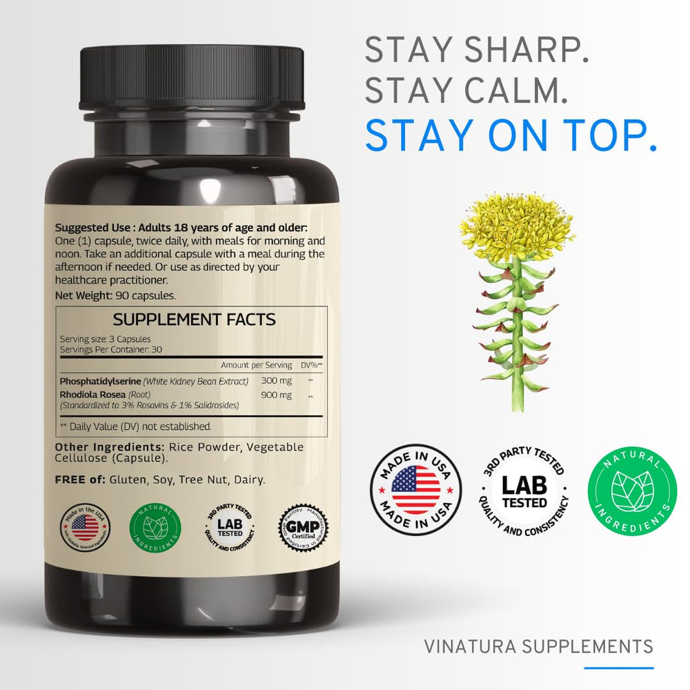 VINATURA PhosphatidylSerine capsules closeup highlighting 1200 mg per serving.