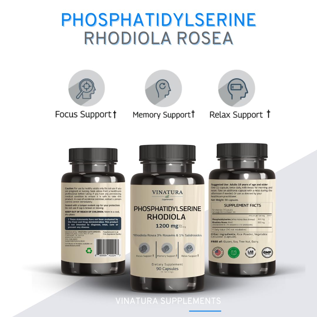 VINATURA Rhodiola Rosea bottle label indicating stress support potential.