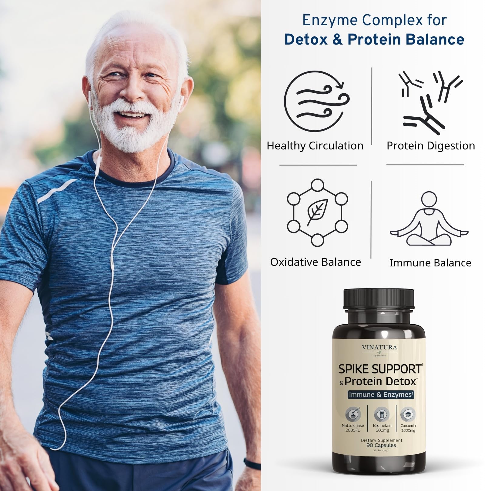 VINATURA Spike Protein Detox bottle label detail highlights turmeric and enzyme blend for antioxidant support.