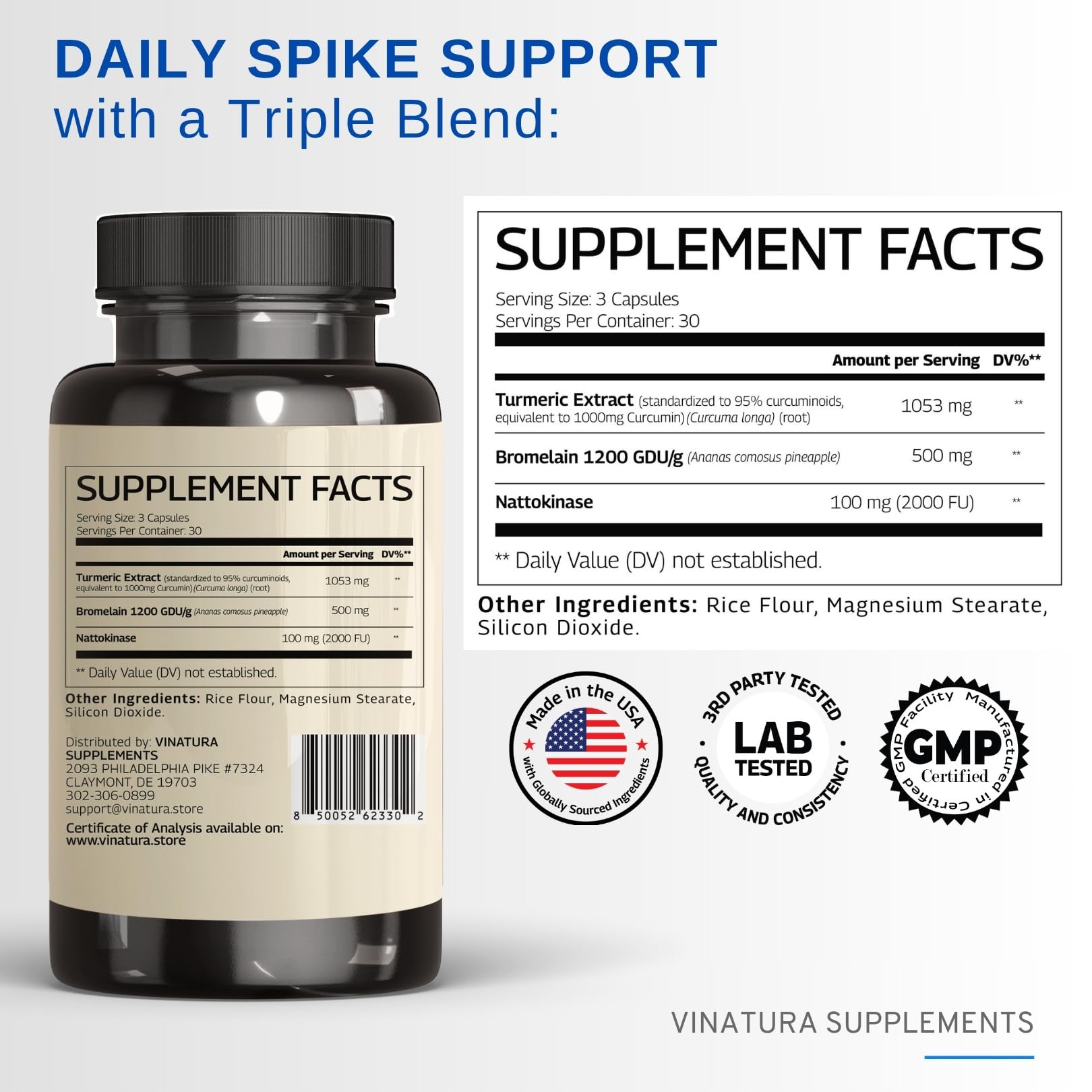 VINATURA Spike Protein Detox capsules close-up shows convenient daily protein balance.