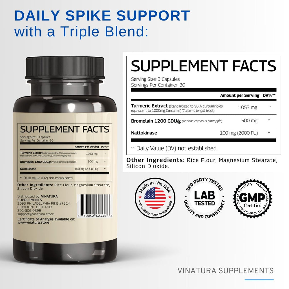 VINATURA Spike Protein Detox capsules close-up shows convenient daily protein balance.