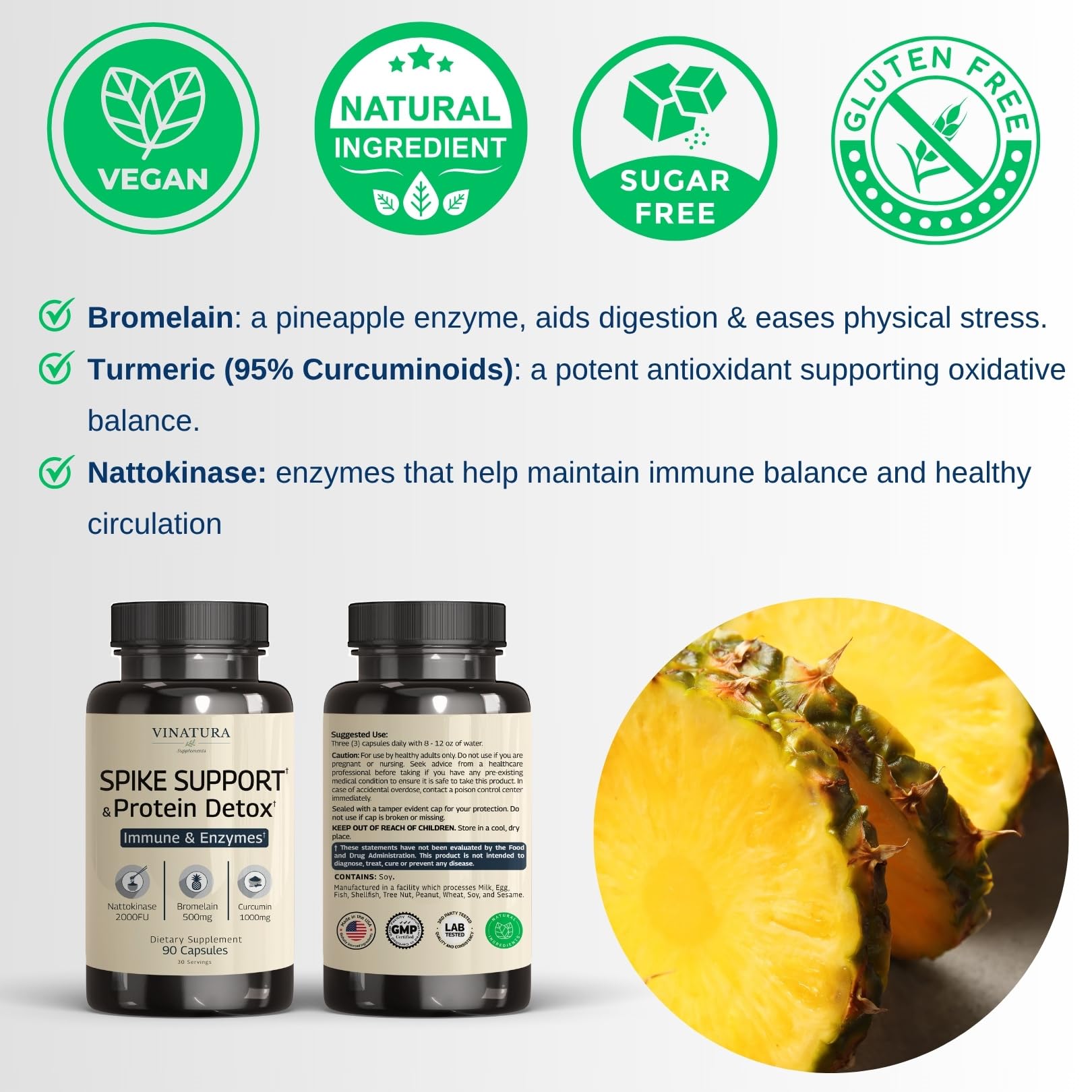 VINATURA Spike Protein Detox ingredients close-up features nattokinase and bromelain for digestion support.