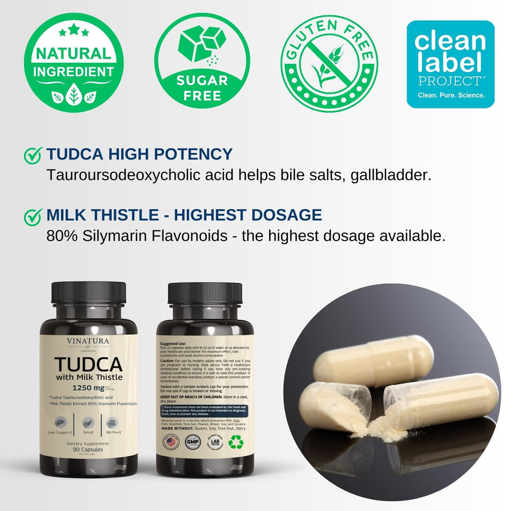 USA-made VINATURA Tudca Milk Thistle label signaling quality and safety.