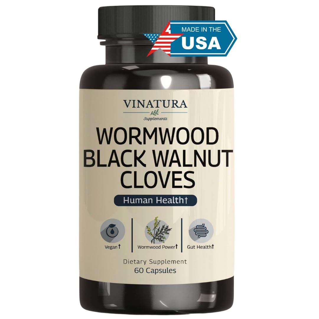 VINATURA Wormwood Black Walnut Clove capsules bottle front for vegan digestive support.