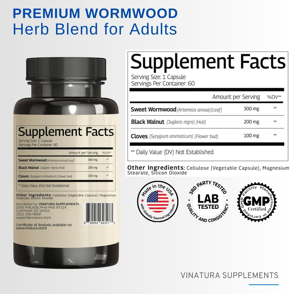 VINATURA ingredients per capsule—artemisia annua, wormwood, and walnut for natural gut health.