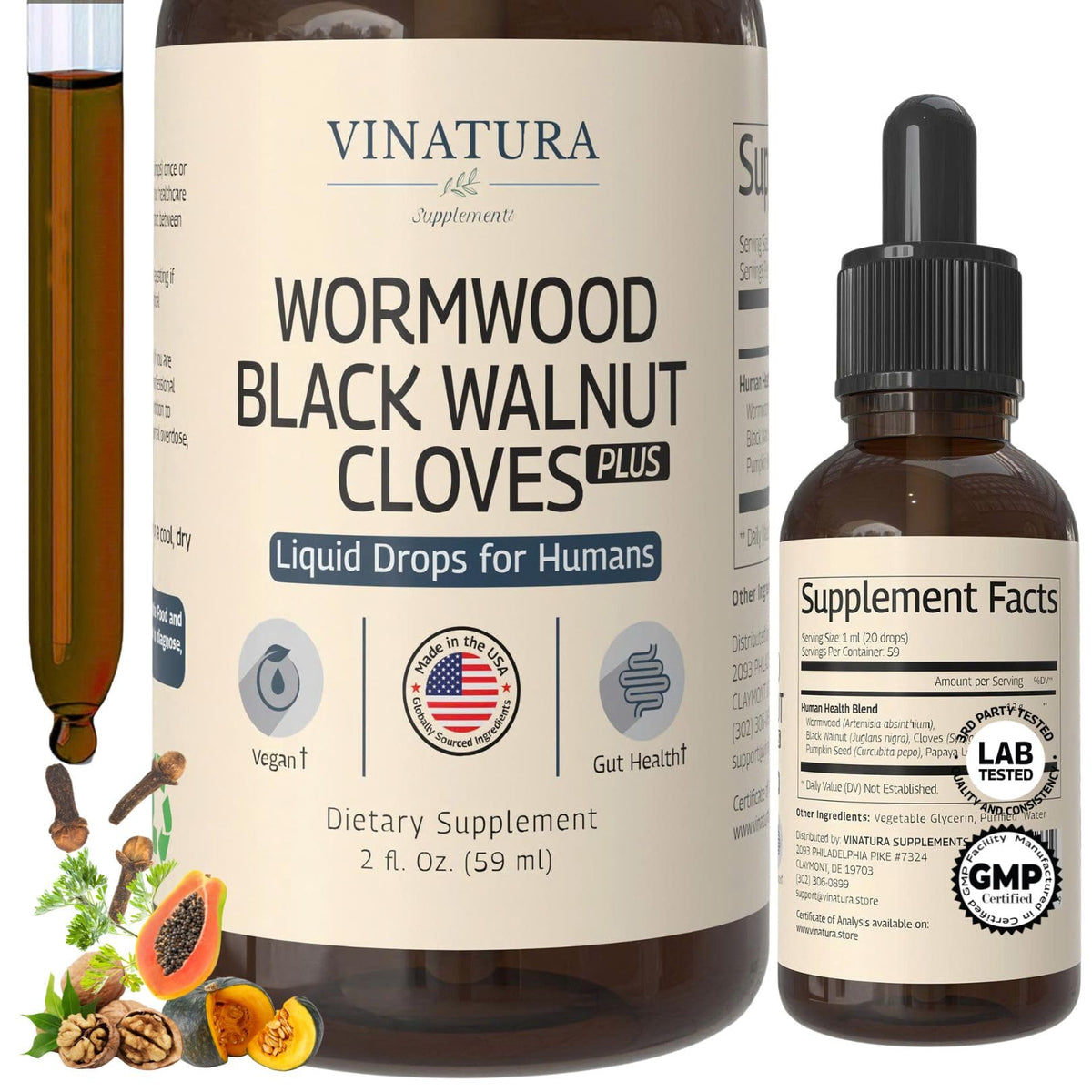 VINATURA Wormwood Black Walnut Cloves Liquid bottle for cleansing and detox support.