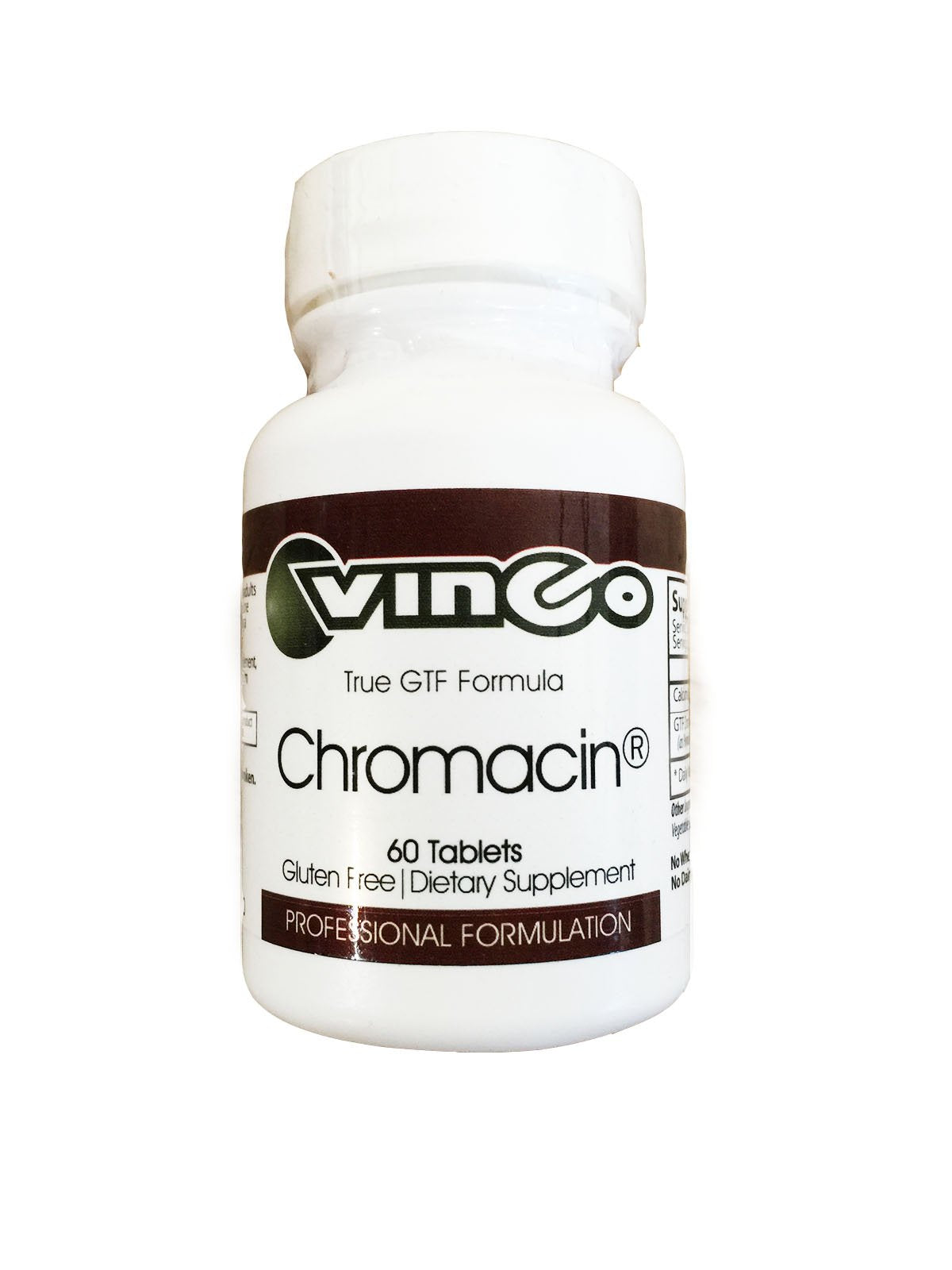 Vinco GTF Chromacin bottle label highlights gluten-free formulation for daily use