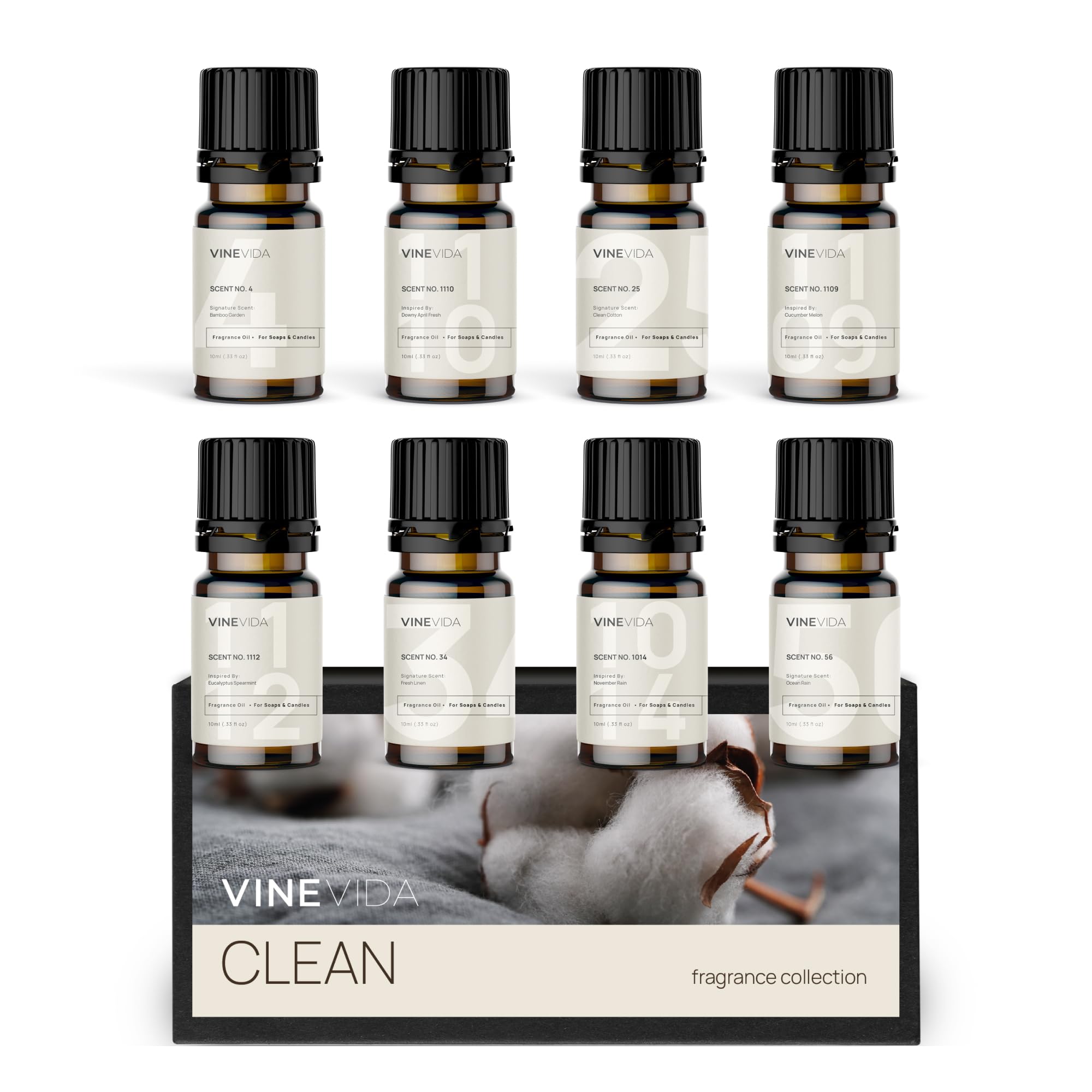 Vinevida set of 8 clean scents for candle making bottle pour offers cozy aroma options.