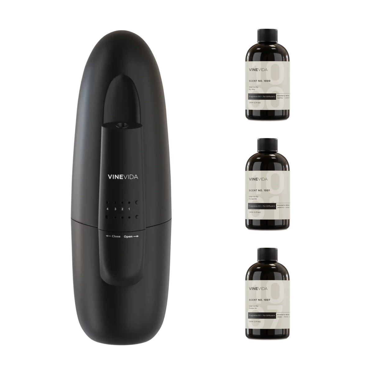 VINEVIDA waterless diffuser in black front view, compact home fragrance solution.
