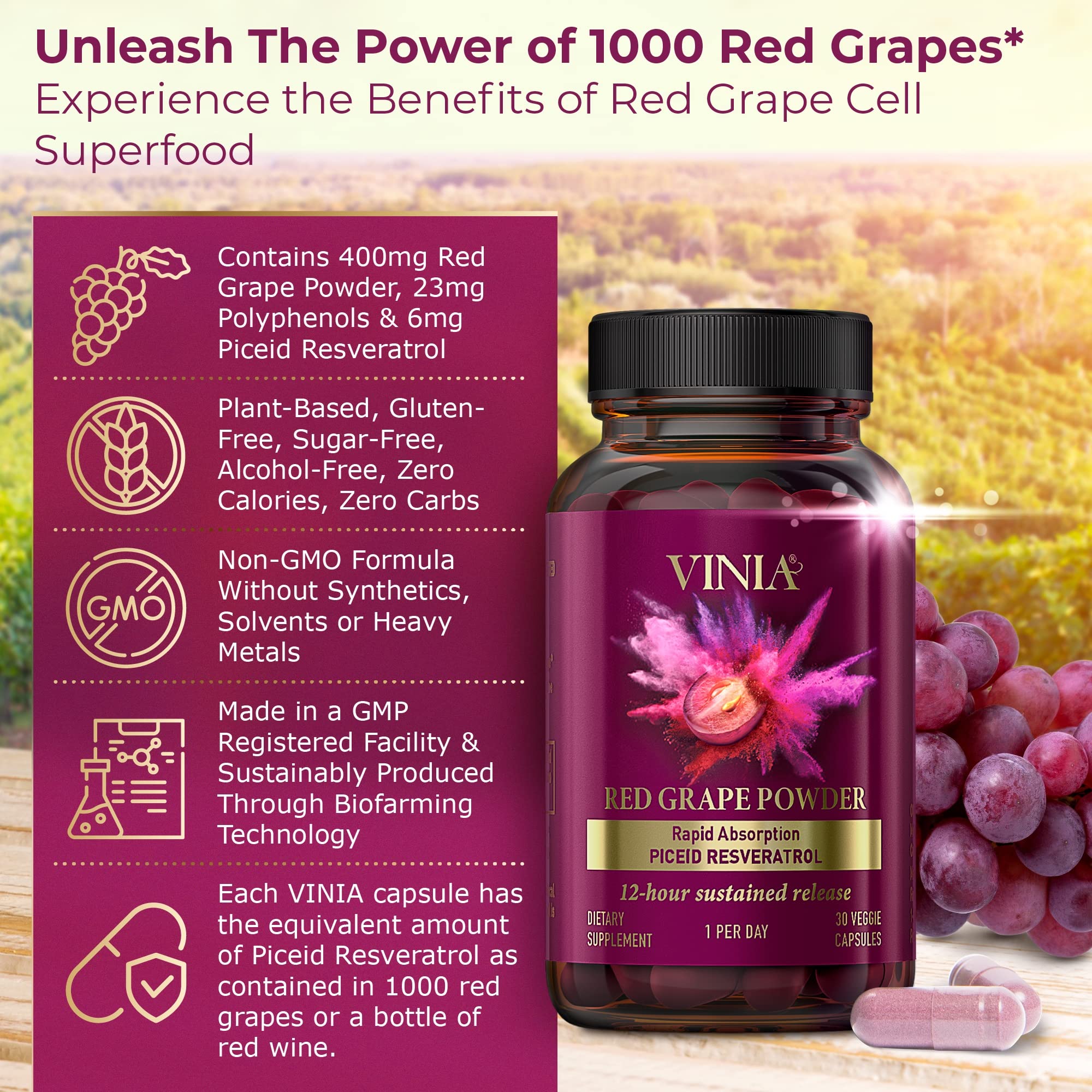 VINIA capsules closeup emphasizing convenient daily intake