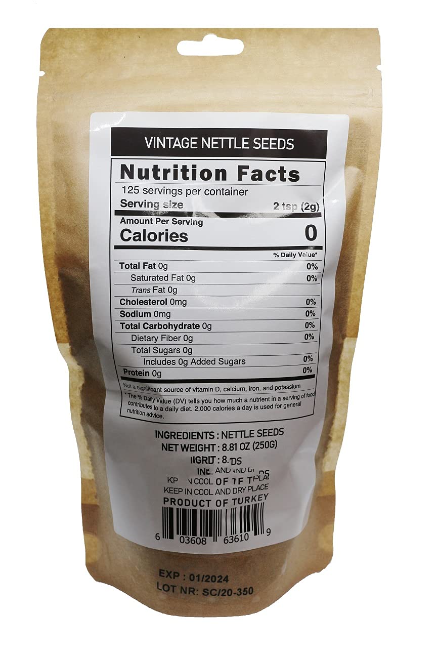 Vintage nettle seeds tea packaging showcases a premium, mineral-rich herbal tea in a 250 g pouch