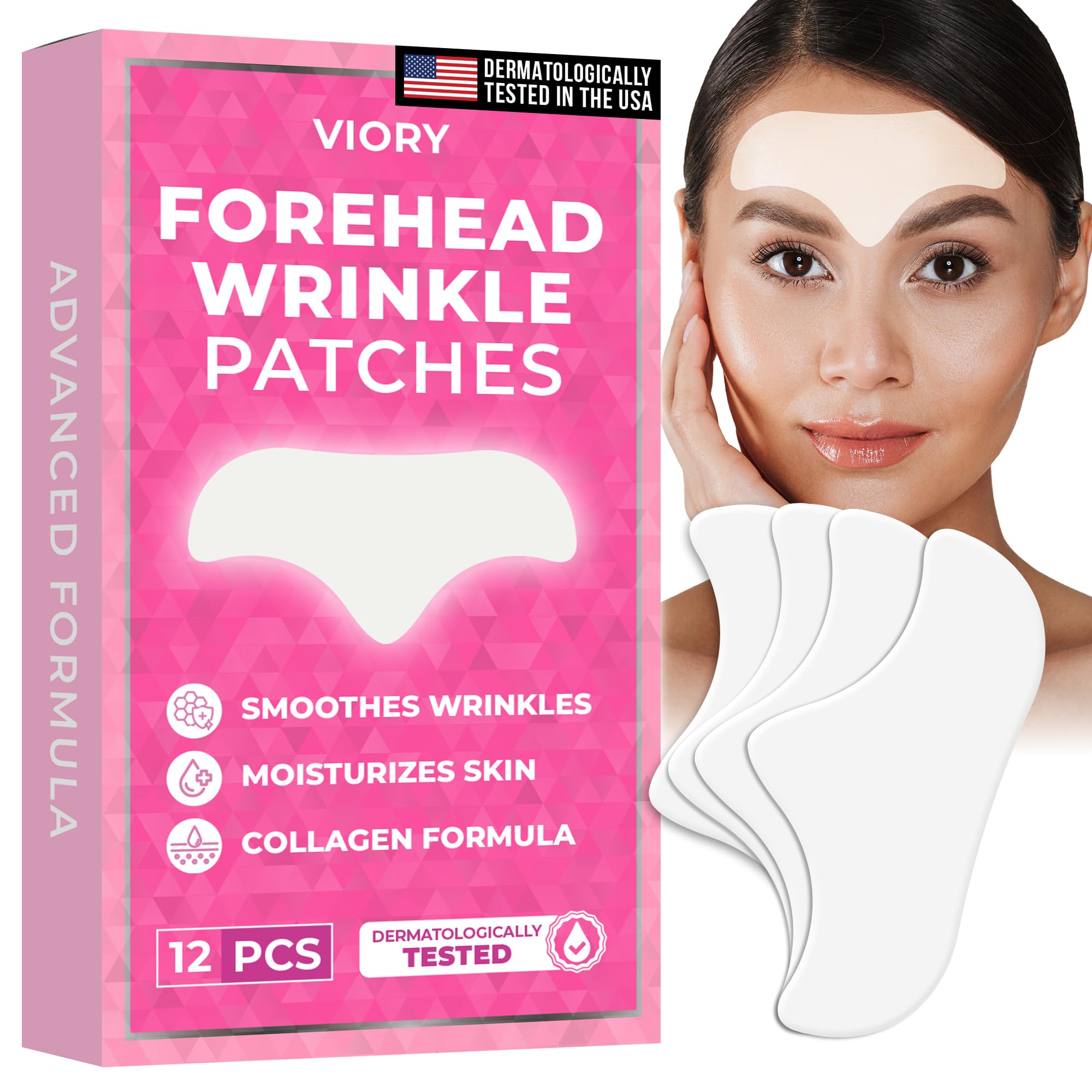 VIORY Forehead Patches packaging closeup showing a 12-piece set for easy nightly use