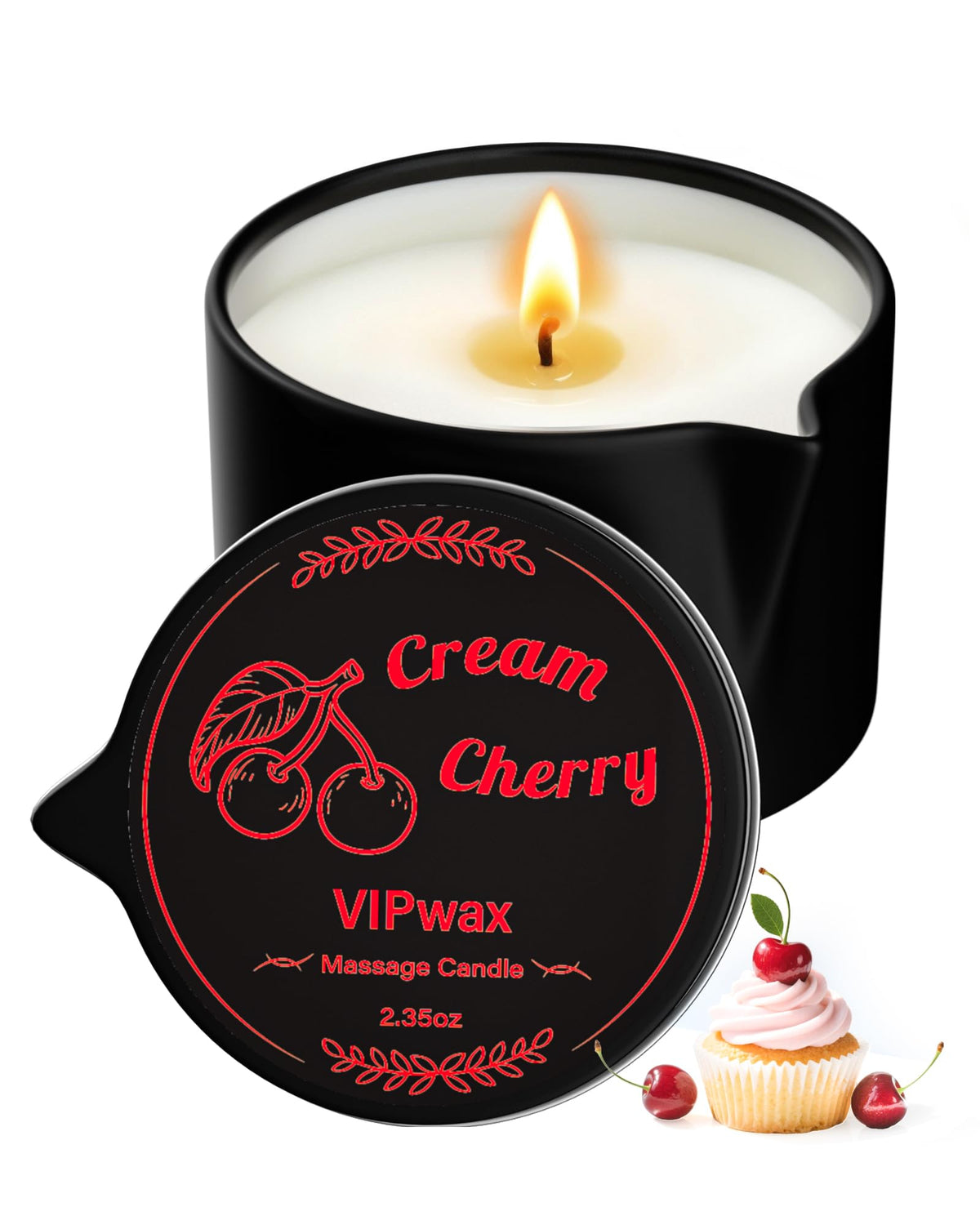 VIPwax Cream Cherry Massage Candle lit with oil pool for soothing massage