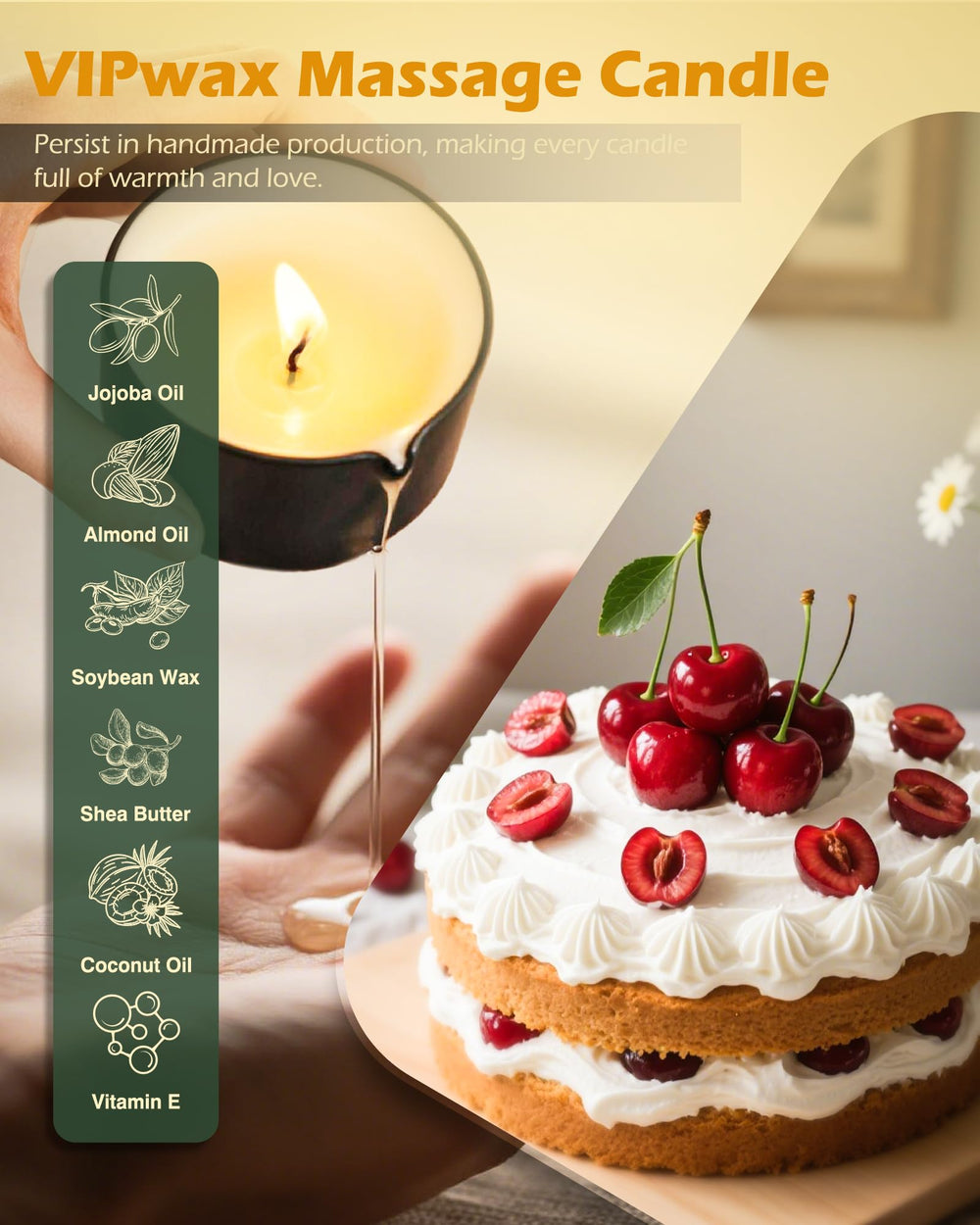 VIPwax massage candle glow delivering warm, oil-free massage for skin comfort