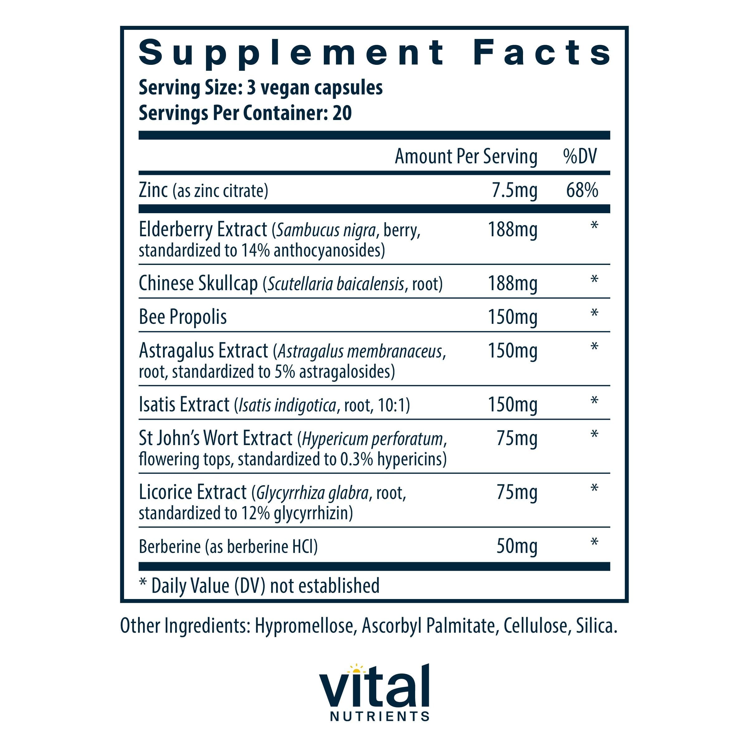 Vital Nutrients ViraCon bottle side-label detailing allergen-free, non-GMO formula.