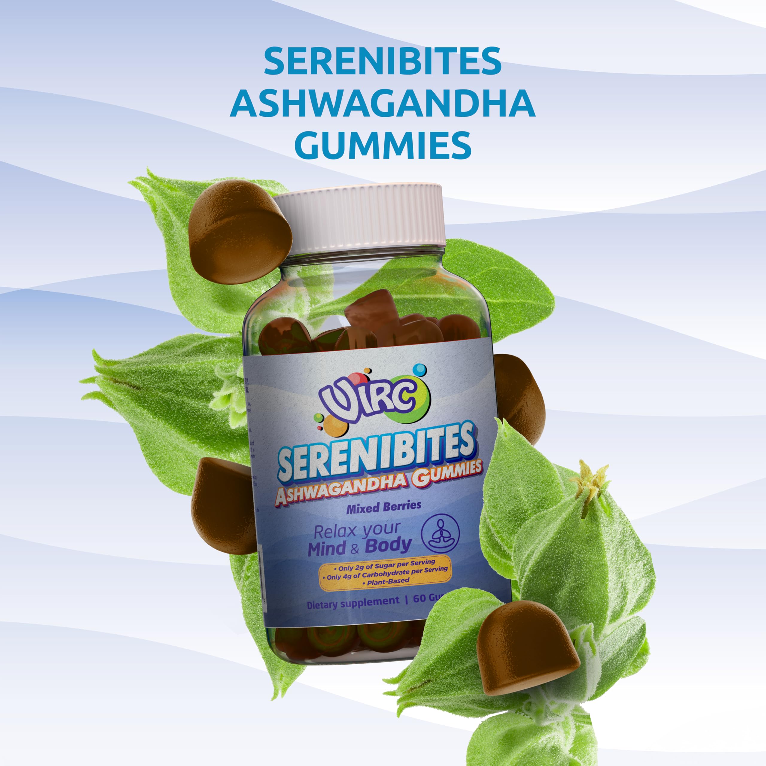 VIRC Ashwagandha Gummies vegan formula showcased with plant-based ingredients.