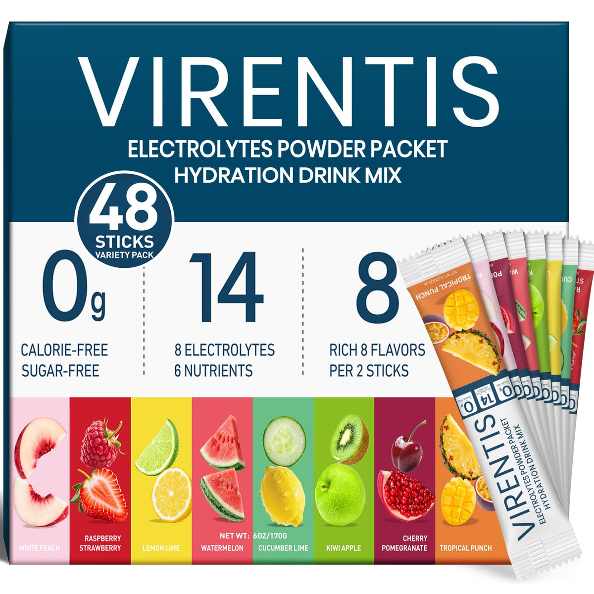 Virentis 48-sticks packaging ready for travel and on-the-go hydration.