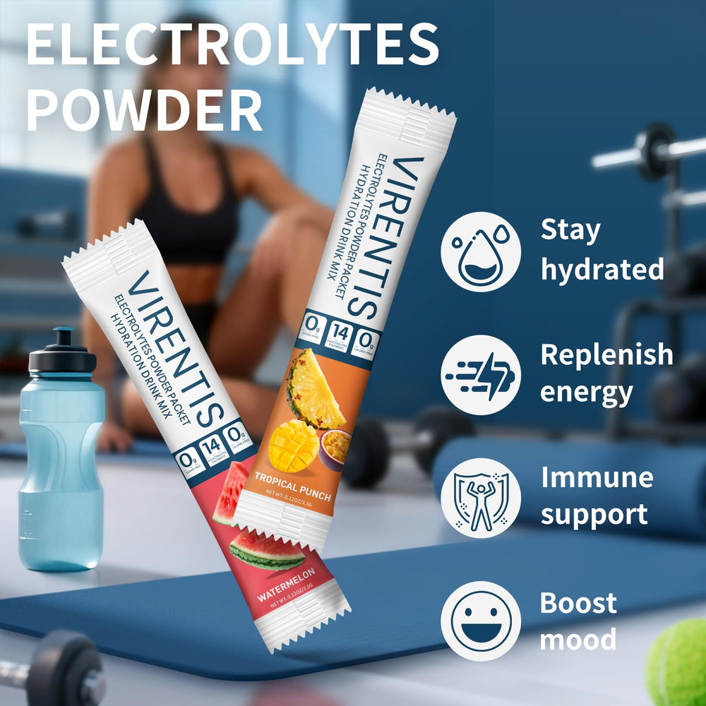 Virentis portable stick packets ideal for gym, travel, or outdoor activity.