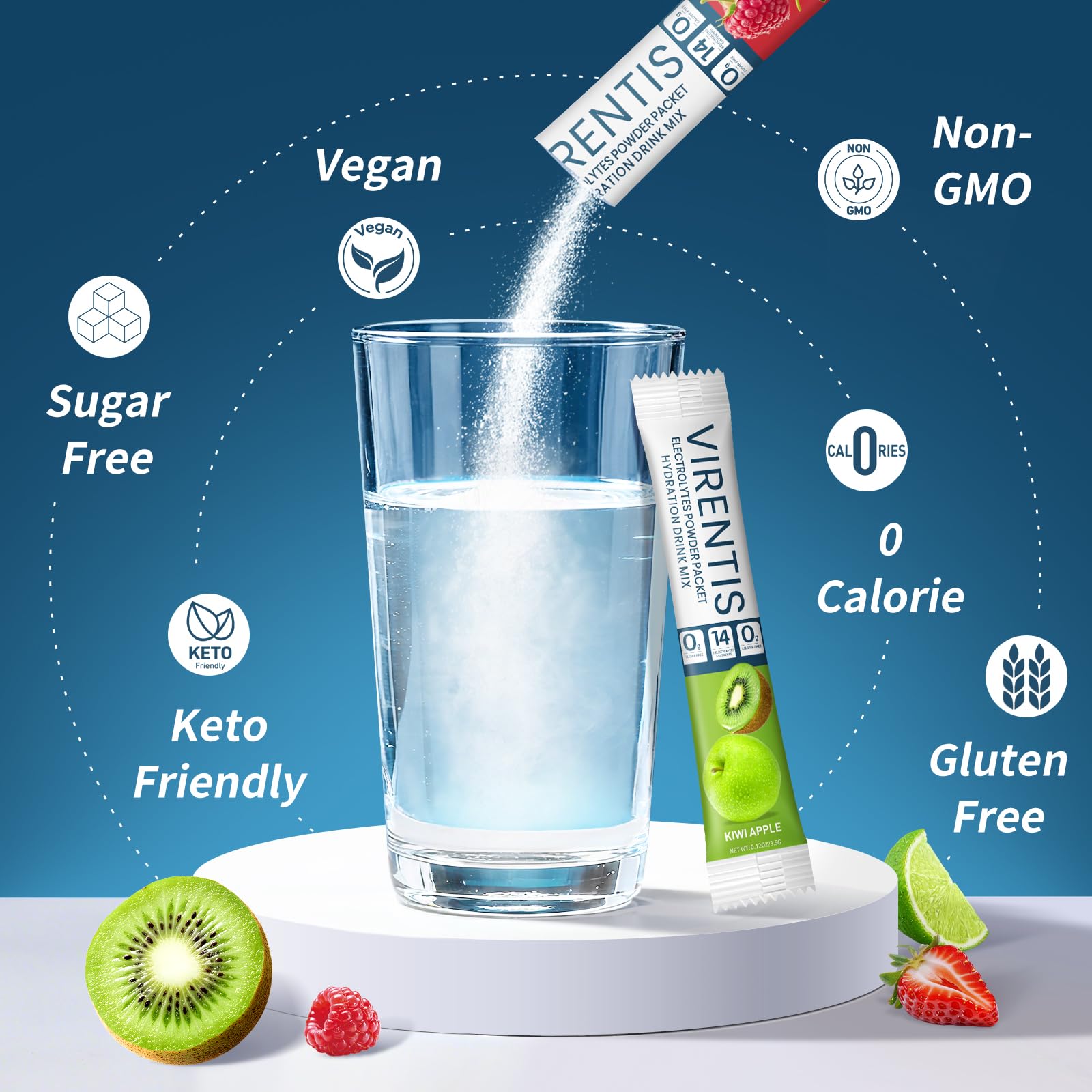Virentis refreshing hydration drink with sugar-free, zero-calorie option.