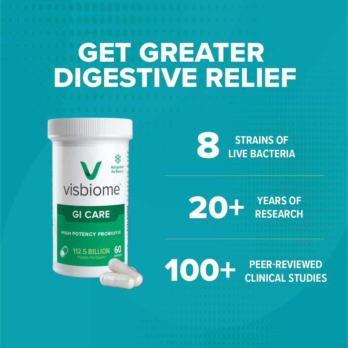 Visbiome GI Care capsules close-up highlighting high potency
