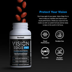 Vision Edge Pro bottle back showing 90 softgels and clean formula for daily use.