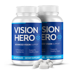 Vision Hero Advanced Vision bottle front for daily eye health support while reading.