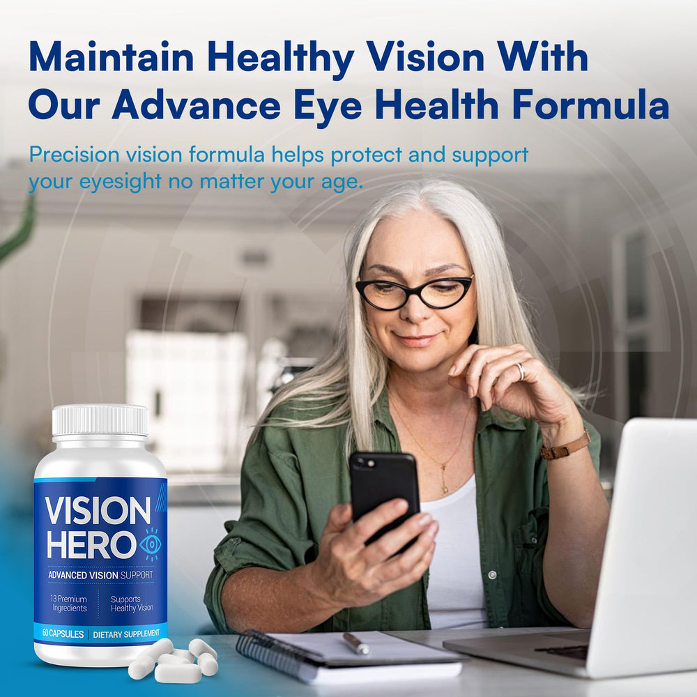 Vision Hero capsules closeup highlighting zeaxanthin and essential nutrients for eye comfort.
