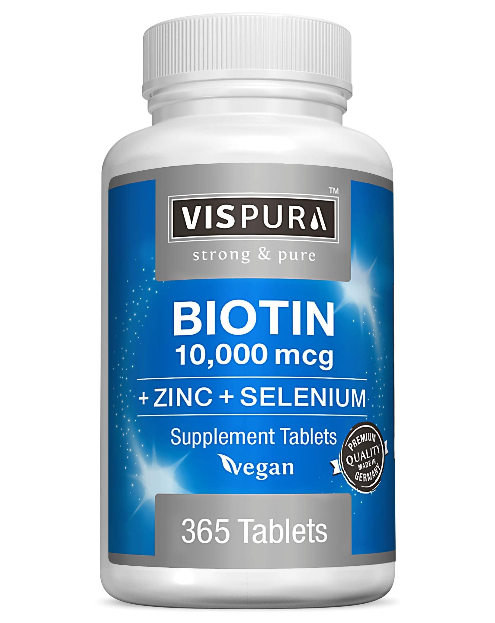 VISPURA Biotin 10000 mcg bottle shows vegan formula supporting hair and nails.