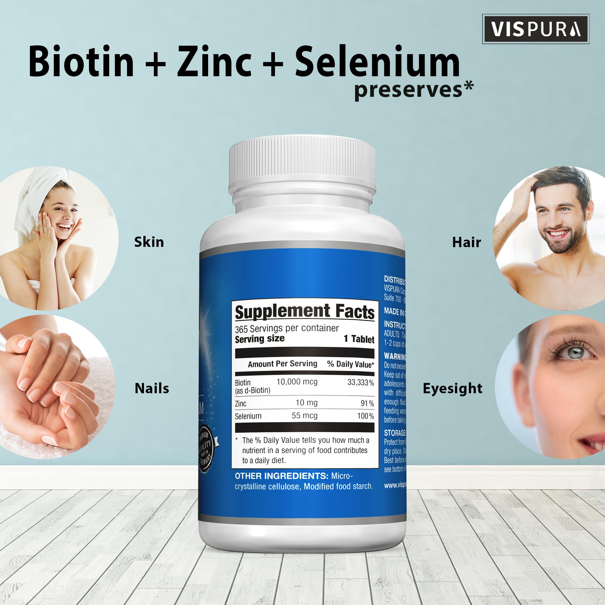 VISPURA bottle with ingredients label illustrates clean, pure composition for long-term use.