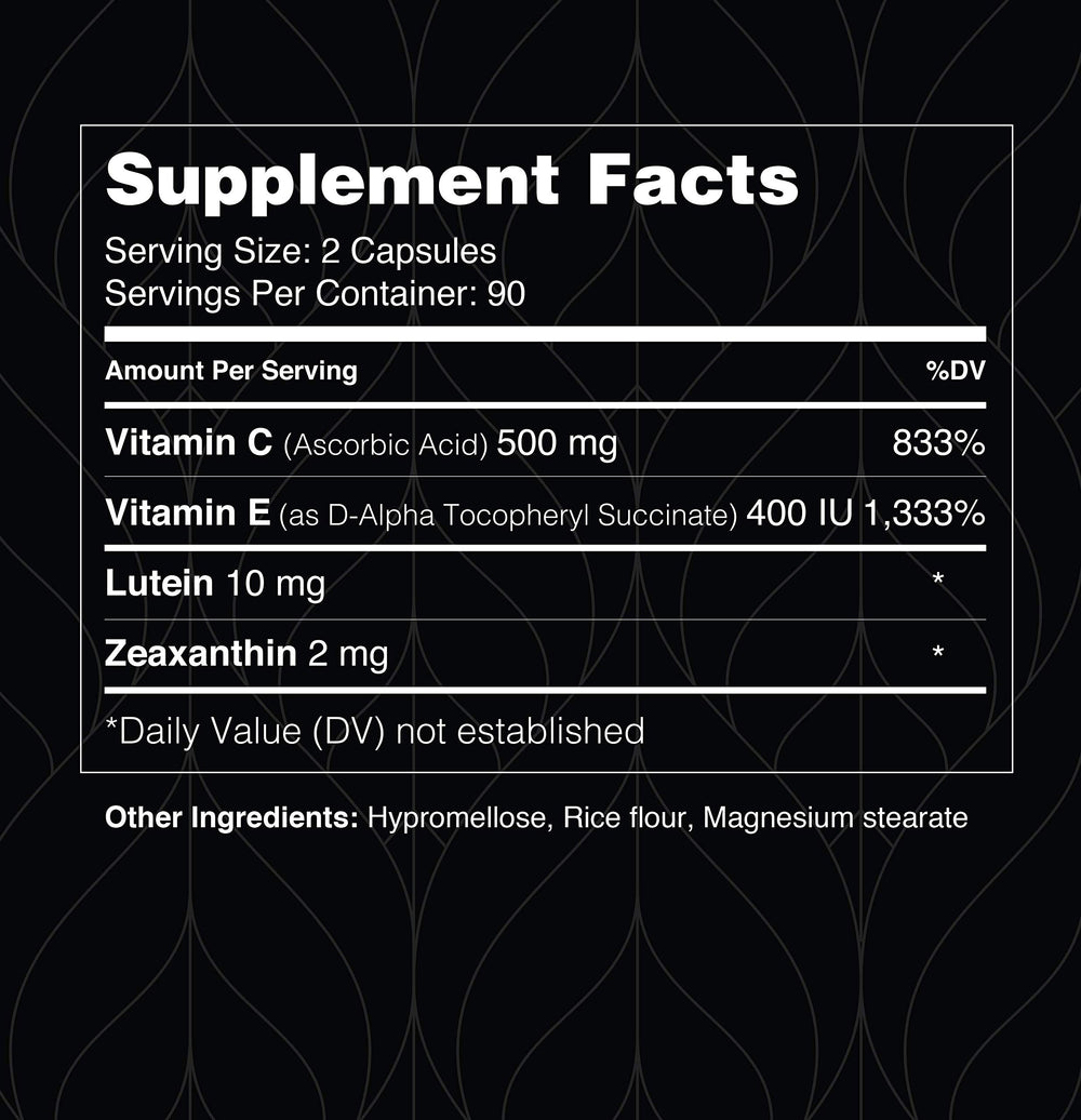 Visual Advantage AREDS 2 label highlights zinc-free vitamin profile.