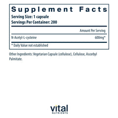 Vital Nutrients NAC 600mg label close-up emphasizes allergen-free ingredients